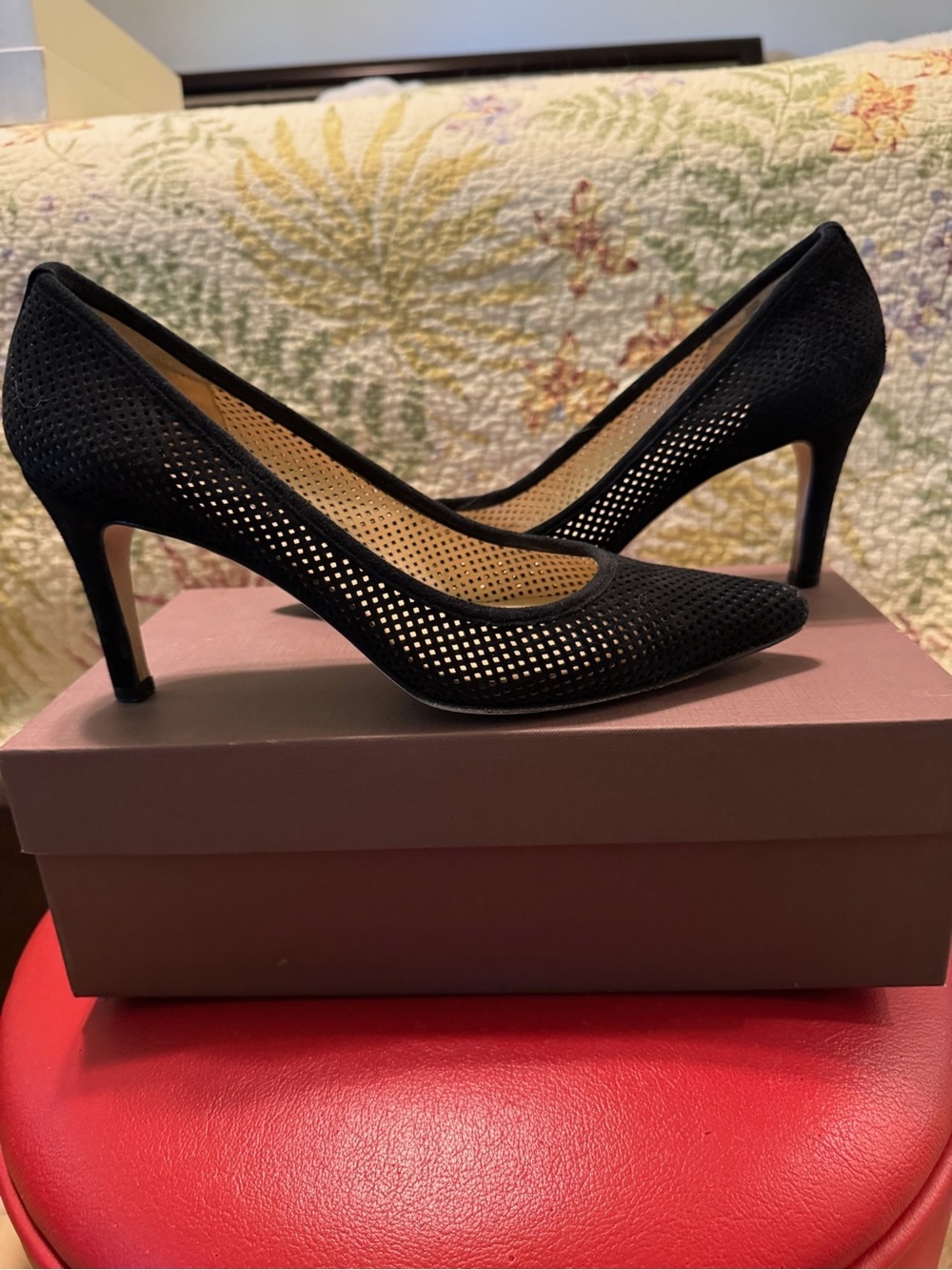 Jon Josef Classic Black Perforated Pointed-Toe Pumps